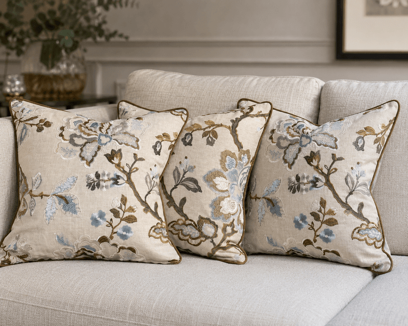 Putetrekk i Sanderson Anelique Wedgewood sable 233996 med piping 50x50